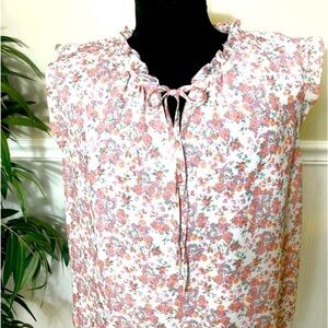 Elaine Rose Ladies‎ EUC Floral Sleeveless Front Tie Blouse, size Large